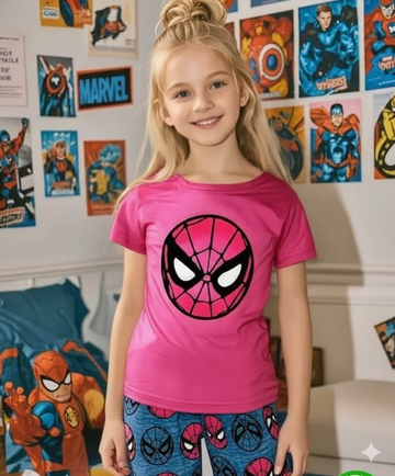 Pink Spider Girl Printed Half Sleeves Kids Suit