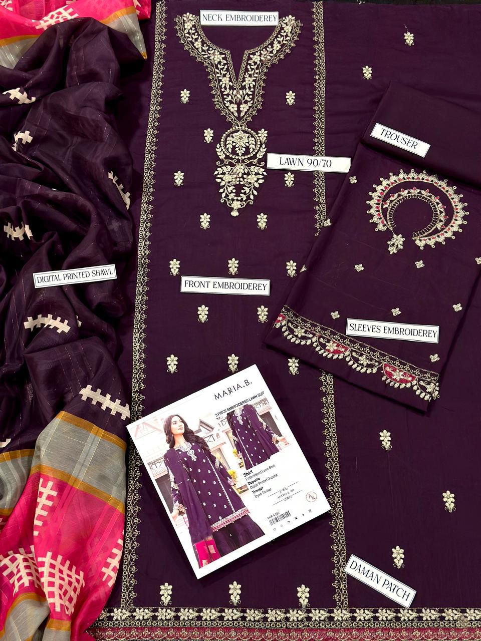Sapphire 3PC Embroidered Lawn Suit Purple